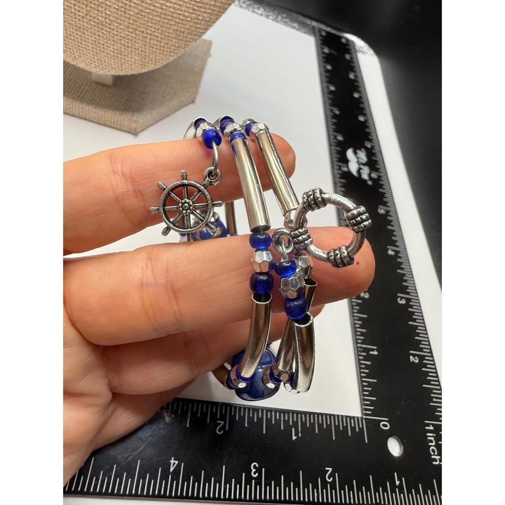 Nautical Blue‎ Silver Wrap Bracelet Ships Wheel Charm Toggle Clasp Cobalt Beaded